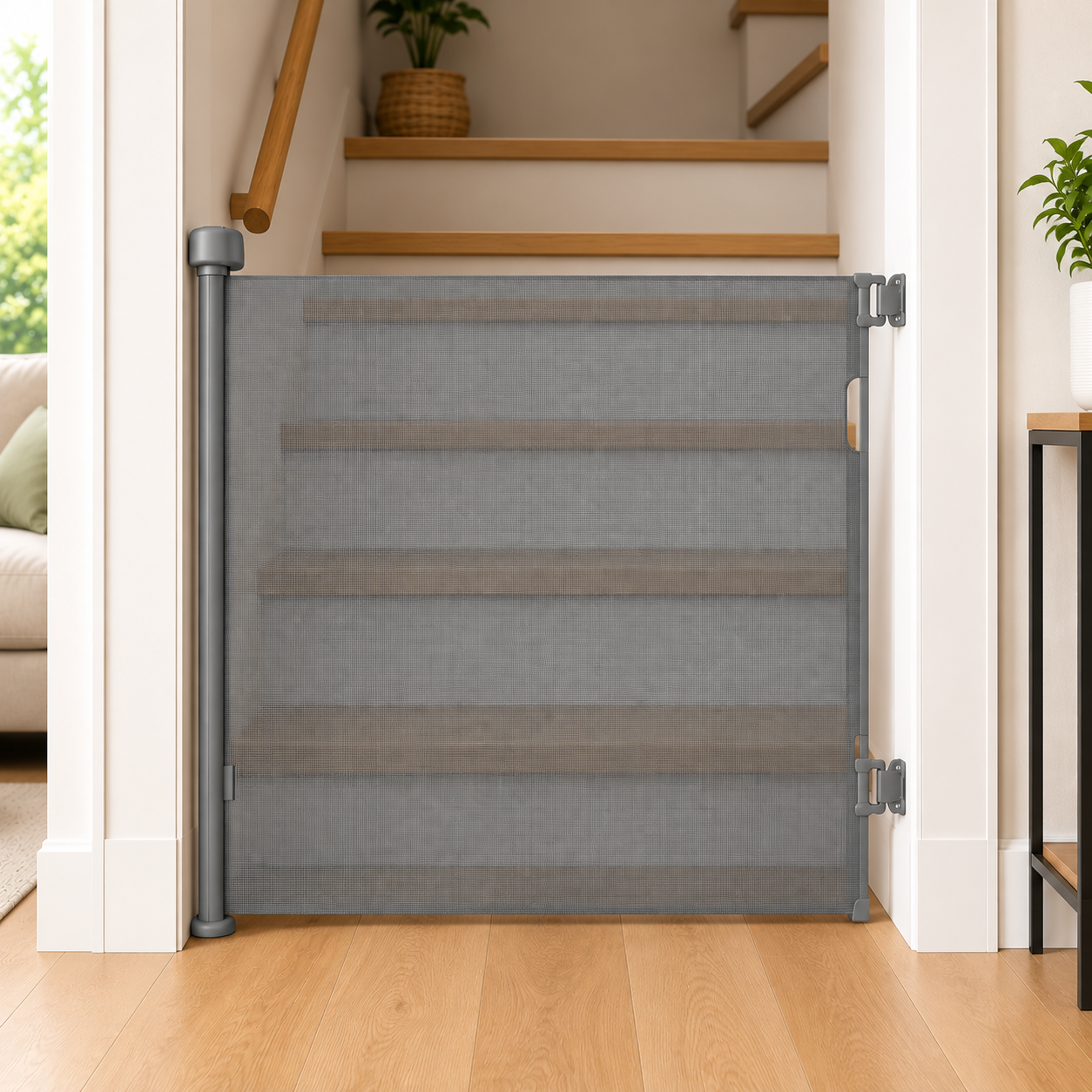 Retractable Fabric Stair Gate – Grey, Up to 120cm Wide