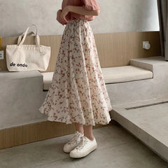 Women's Vintage Floral Midi Skirt – High Waist A-Line Pleated Skirt