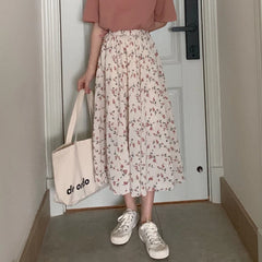Women's Vintage Floral Midi Skirt – High Waist A-Line Pleated Skirt