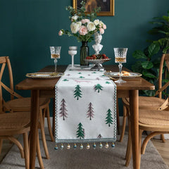 Chenille Christmas Tree Table Runner with Pom-Poms