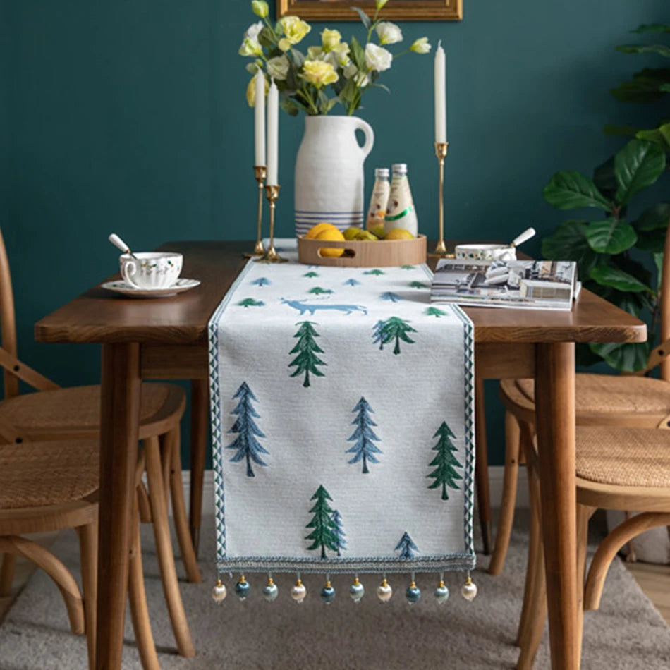 Chenille Christmas Tree Table Runner with Pom-Poms