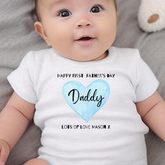 Personalised Blue Happy First Father's Day Baby Grow, Vest or Bib