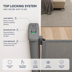 Retractable Fabric Stair Gate – Grey, Up to 120cm Wide