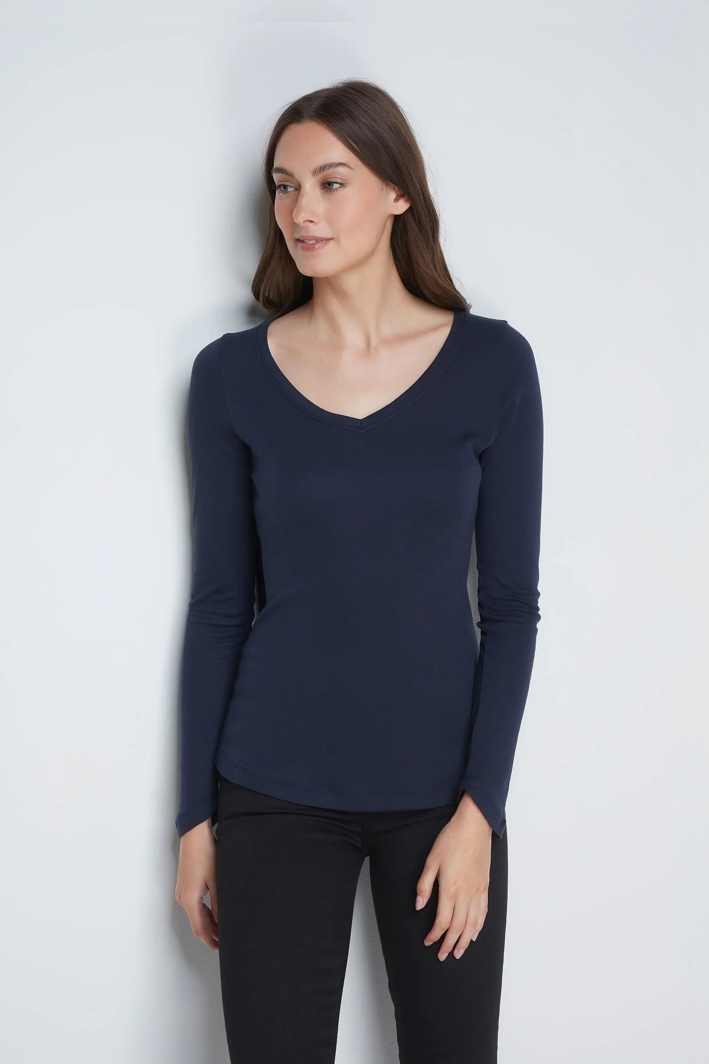 Women's Long Sleeve V-Neck T-Shirt – Cotton Modal, UK 8-16
