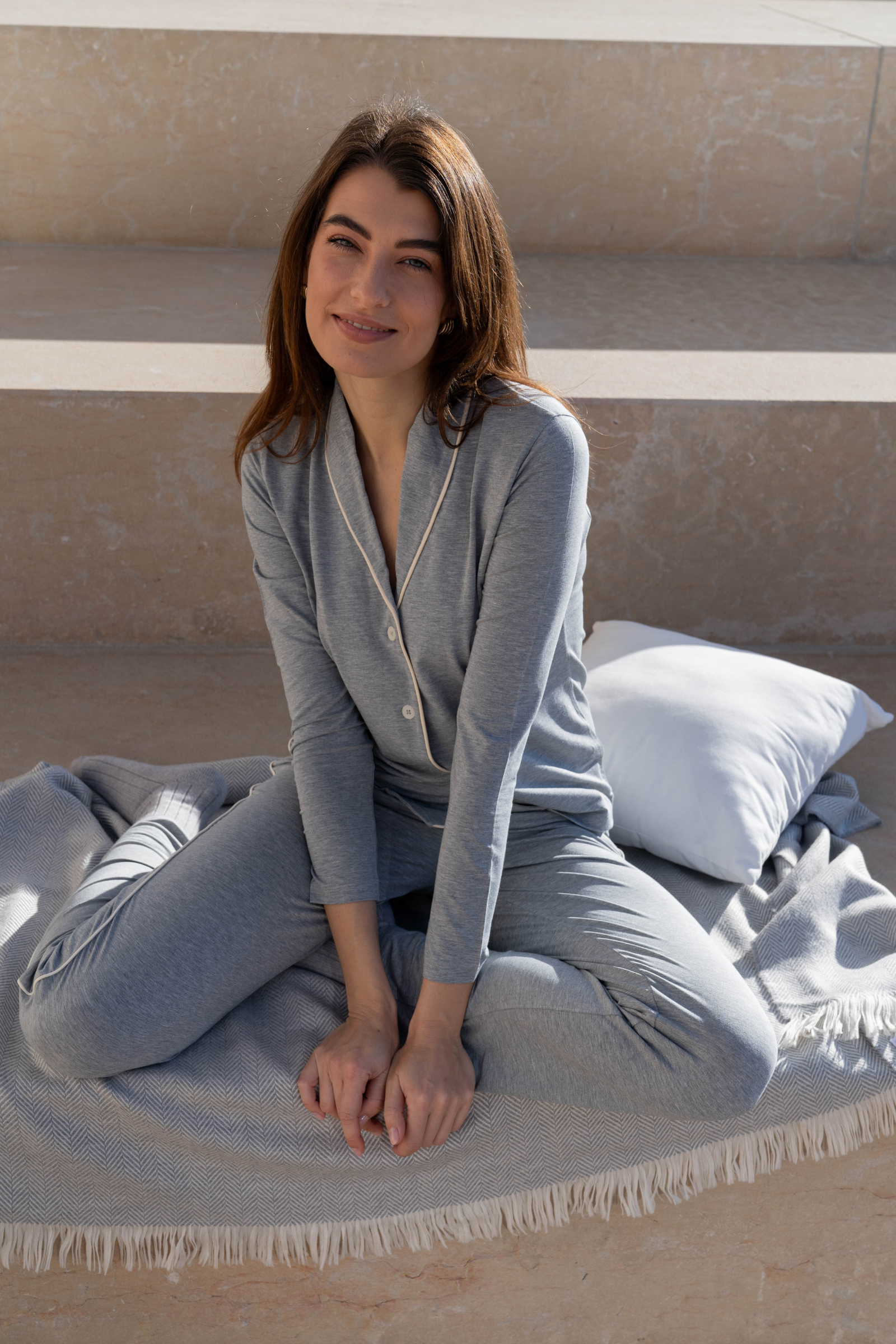 Women's Pyjama Set – Micro Modal, Shawl Collar, Light Grey