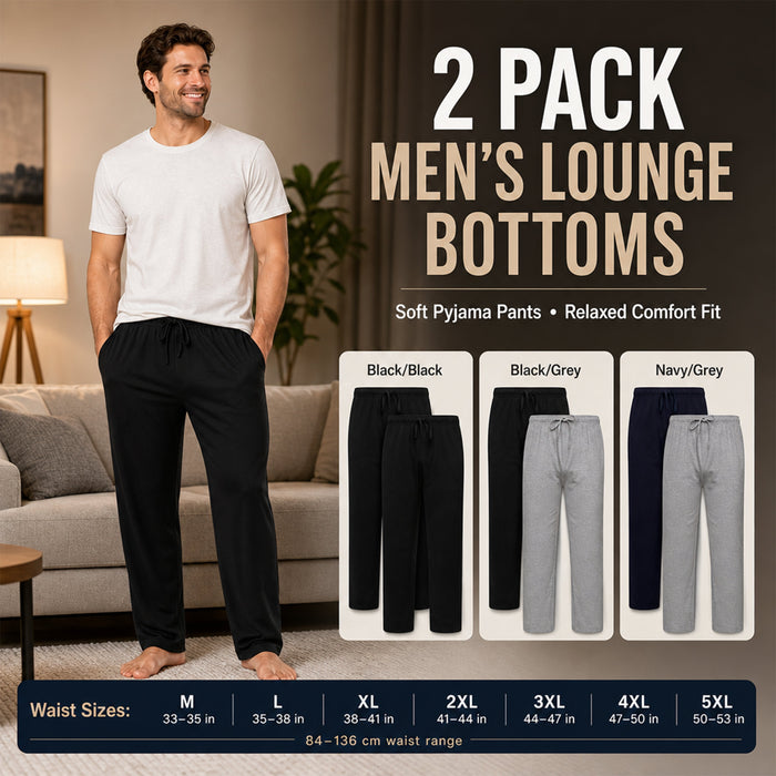 2 Pack Men's Cotton Lounge Bottoms Stretchable PJ Pants Durable Cosy