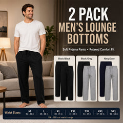 2 Pack Men's Cotton Lounge Bottoms Stretchable PJ Pants Durable Cosy