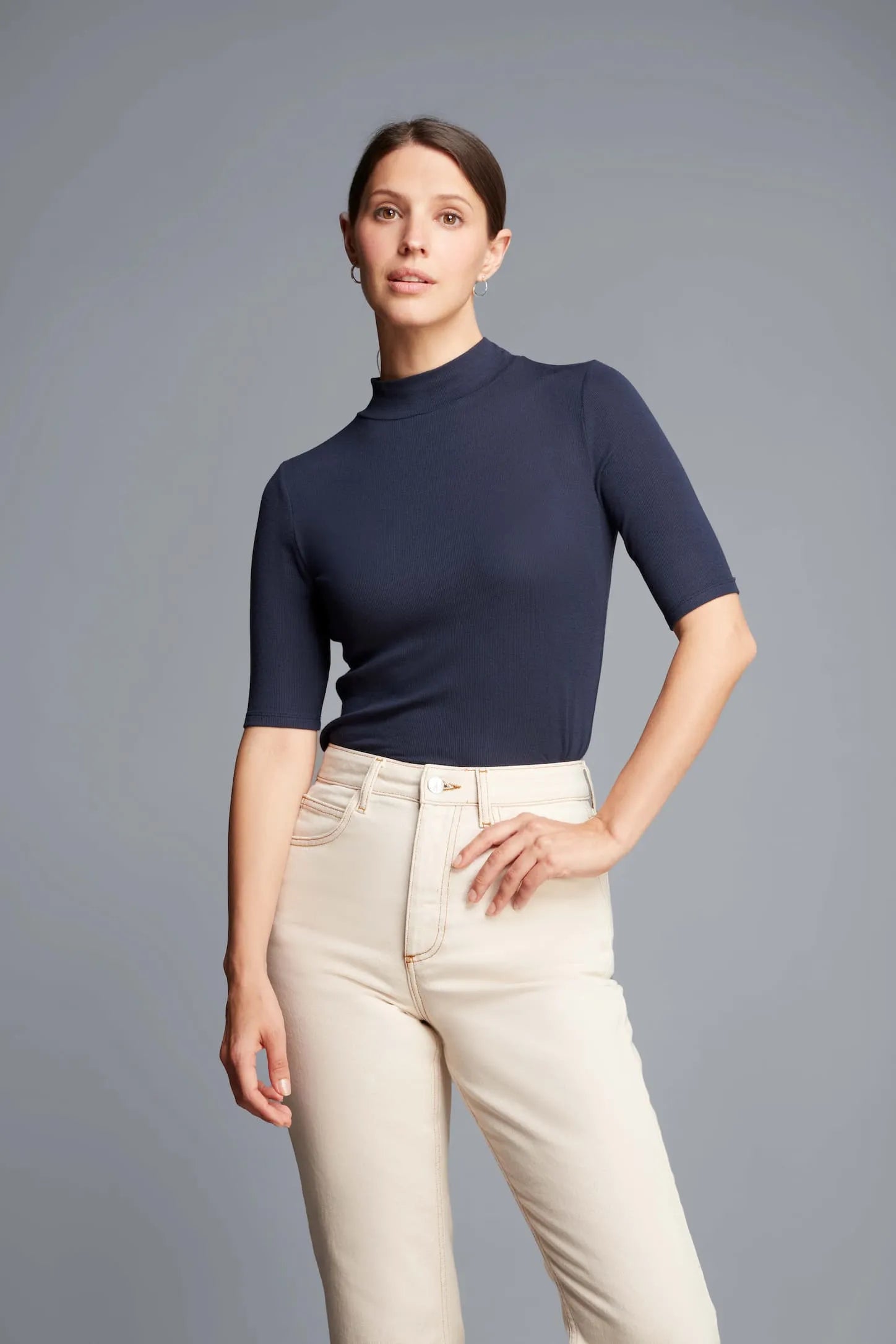 Women's Mock Neck Top – Ribbed TENCEL Modal, Half Sleeve, UK 8-16