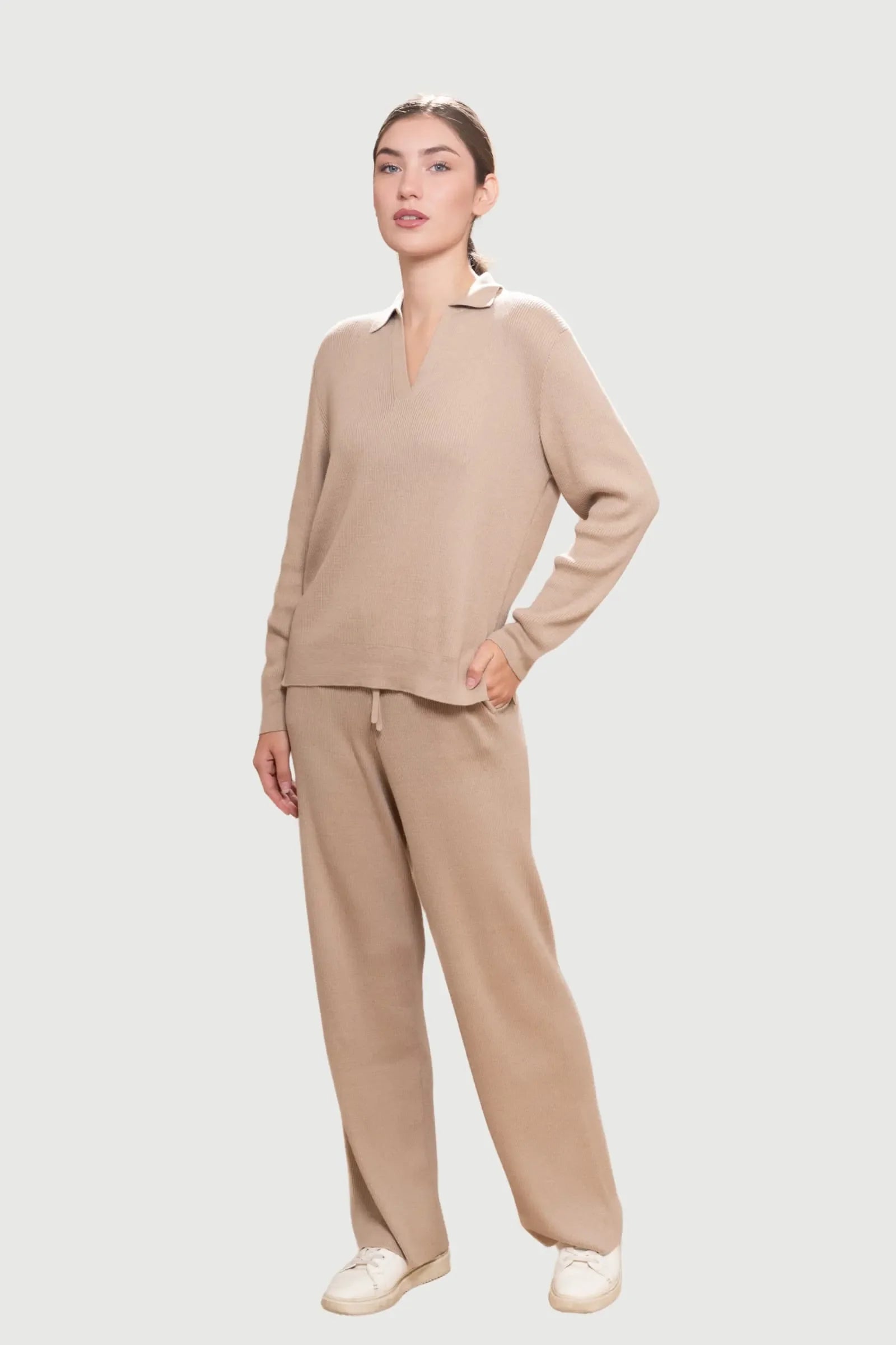Ribbed Lounge Trousers – Pima Cotton & Baby Alpaca, Wide Leg