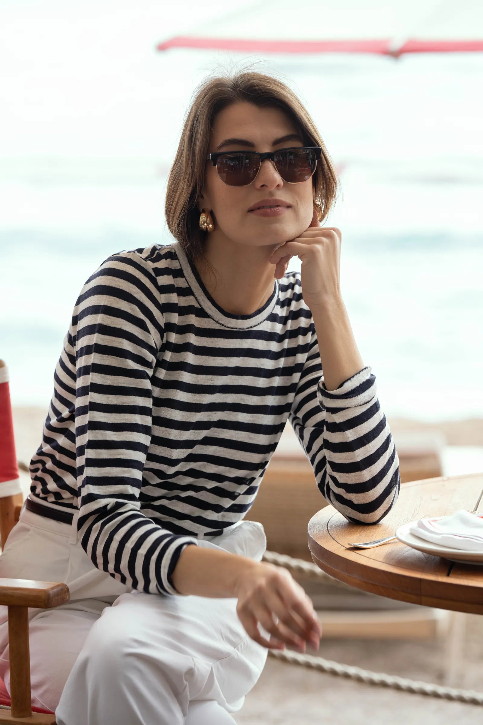 Women's Striped Linen Long Sleeve Top – Breton Stripe, UK 8-16