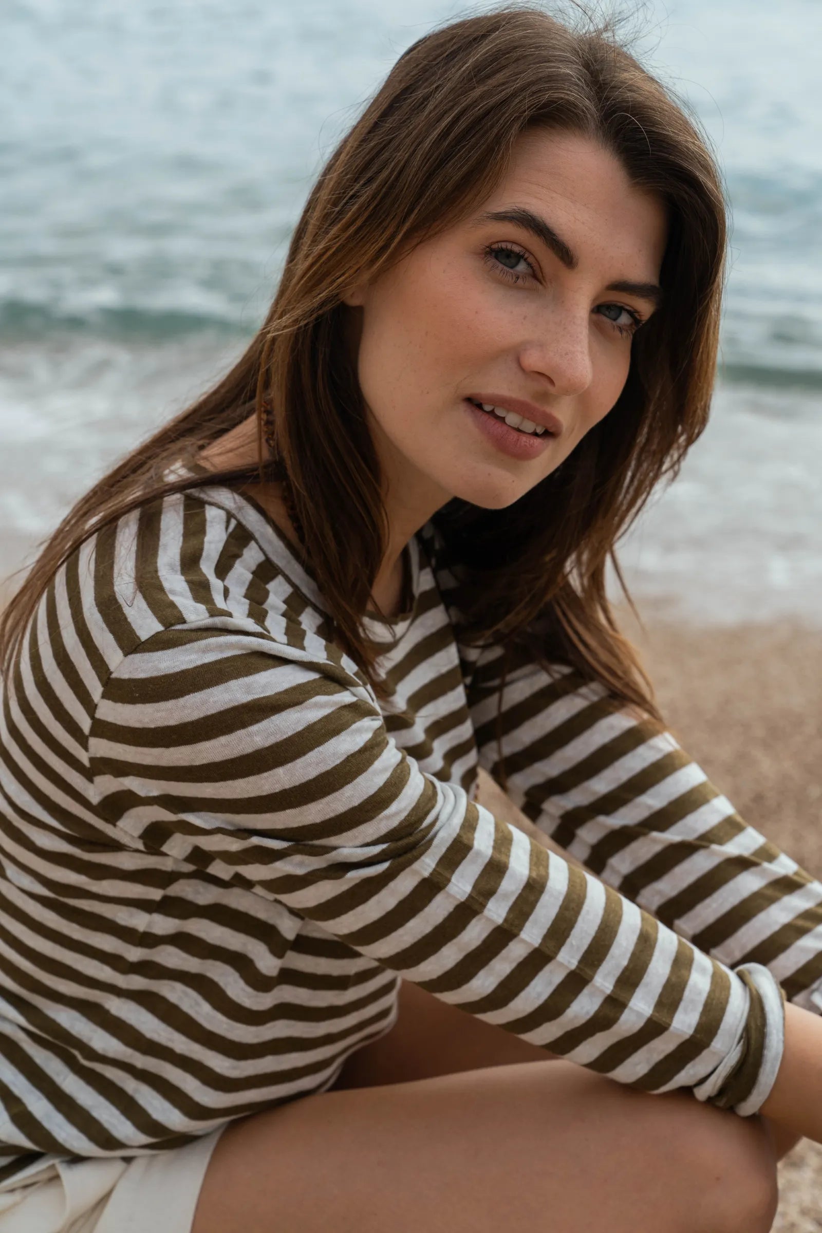 Women's Striped Linen Long Sleeve Top – Breton Stripe, UK 8-16