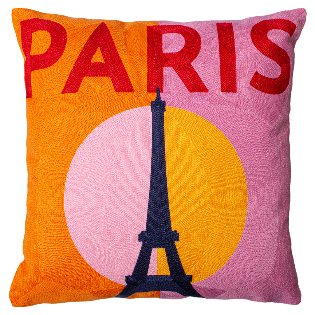 Paris Eiffel Tower Needlepoint Cushion – Pink & Orange, 45cm