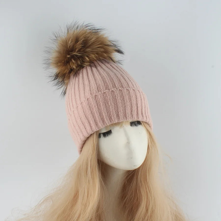 Women's Ribbed Beanie with Faux Fur Pom-Pom