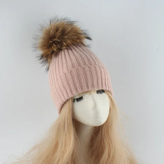 Women's Ribbed Beanie with Faux Fur Pom-Pom