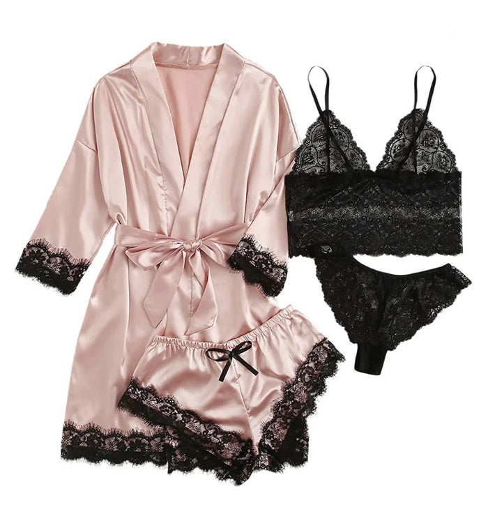 Satin Lace Trim Pajama Set, pink