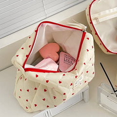 Quilted Heart Print Makeup Bag