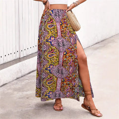 Women's Boho Floral Maxi Skirt – High Waist A-Line Holiday Skirt