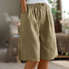 Women's Cotton Linen Capris – Loose-Fit Elastic Waist Shorts with Pockets