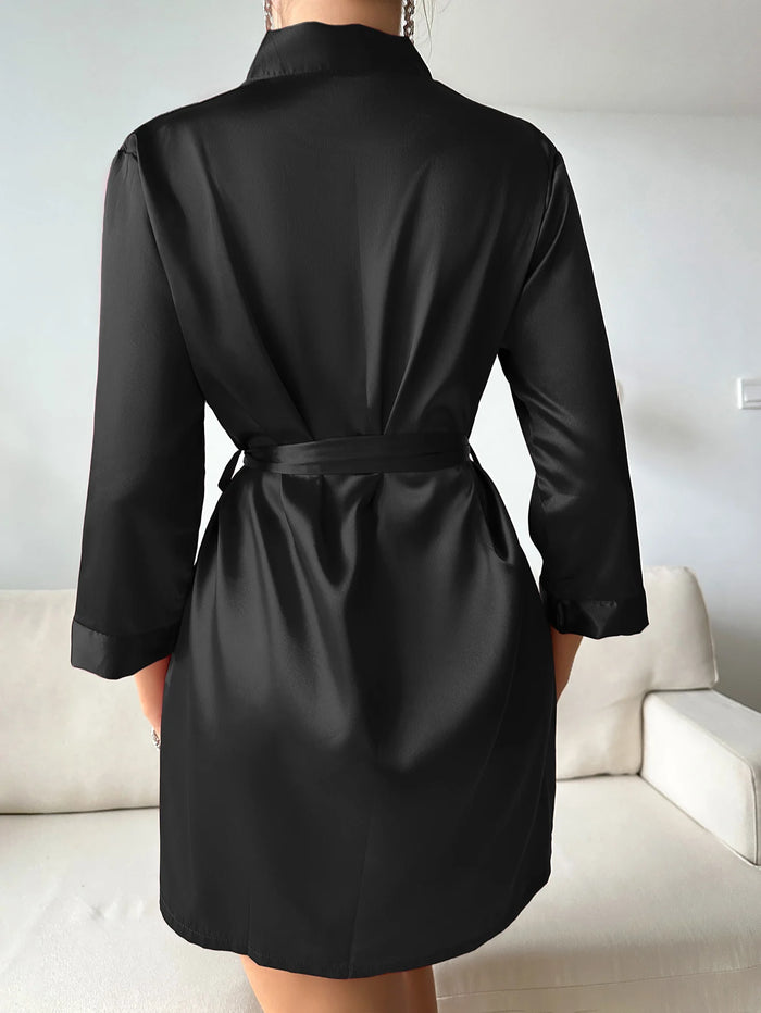 Silky Lace-Up Short Bathrobe, image 2