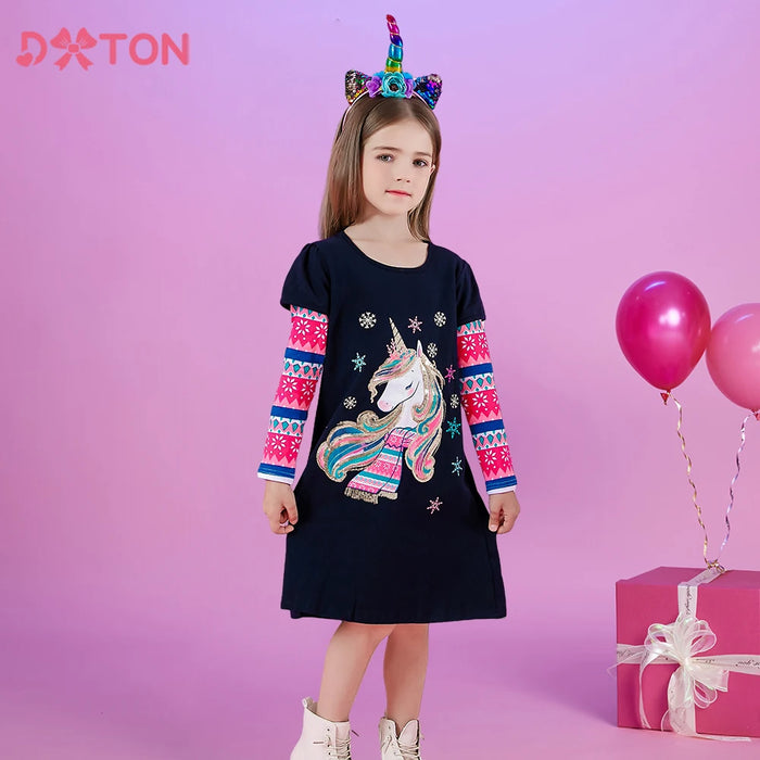 Girls' Christmas Unicorn Snowflake Dress, alternative view