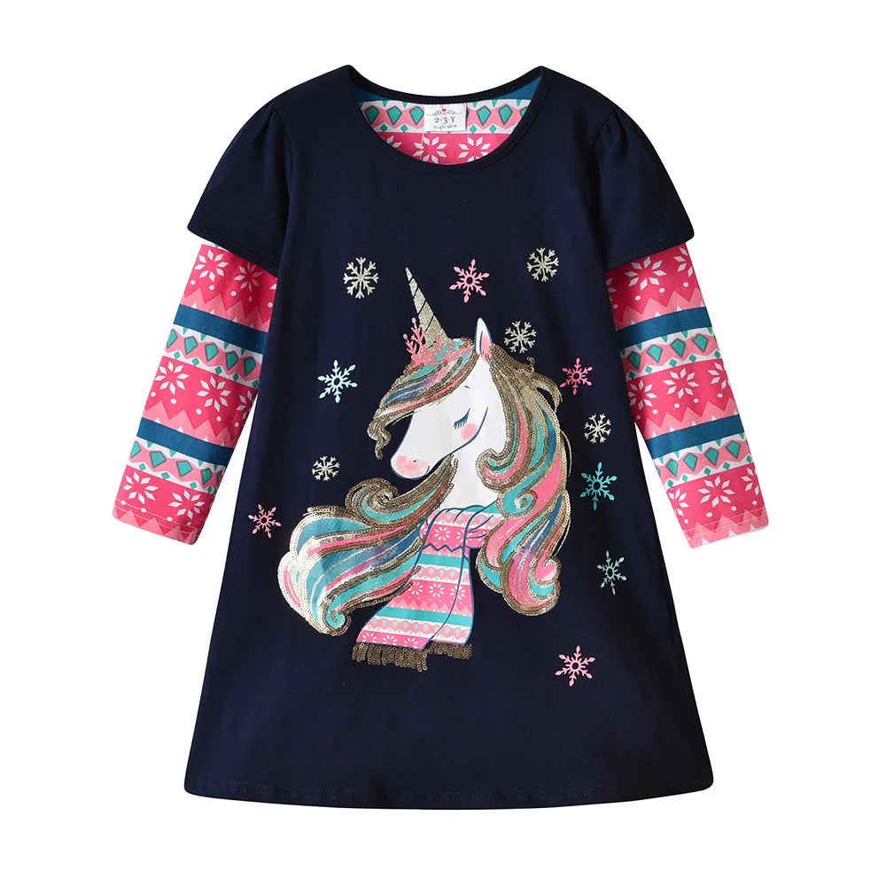 Girls' Christmas Unicorn Snowflake Dress