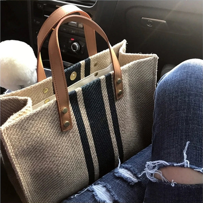 Striped Canvas Bucket Tote, Large Capacity Shoulder & Crossbody Bag