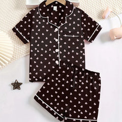 Girls’ Satin Silk Heart Print Pyjama Set – Soft Summer Sleepwear