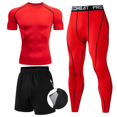 Men’s 3-Piece Compression Workout Set – Short Sleeve Top, Leggings & Shorts