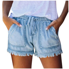 Women's Denim Shorts – Elastic Waist Casual Jean Shorts with Tassel Hem