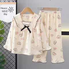 Girls’ Bowknot Rabbit Pyjama Set – Cute Long Sleeve Sleepwear