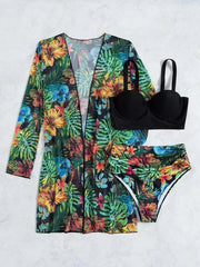 Tropical Glam 3-Piece Bikini Set – Push-Up Swimsuit with Long Sleeve Cover-Up