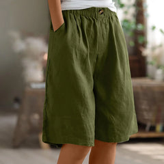 Women's Cotton Linen Capris – Loose-Fit Elastic Waist Shorts with Pockets