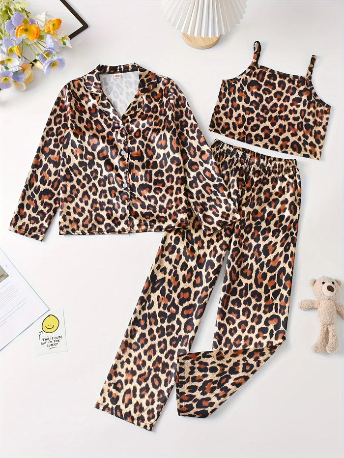 Girls' Leopard Print Satin Pyjama Set, 3-Piece Loungewear for All Seasons, Brown