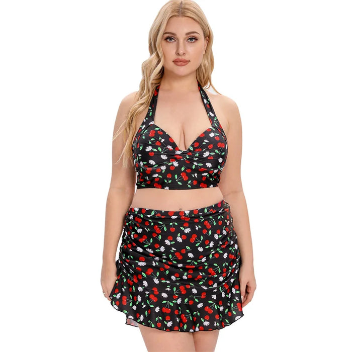 CurveChic Push-Up Halter Bikini Set with Skirt, Plus Size Two-Piece Swimwear, black