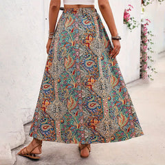 Women's Boho Floral Maxi Skirt – High Waist A-Line Holiday Skirt