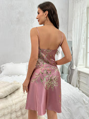 Floral Print Satin Nightdress – Sexy V-Neck Sleepwear