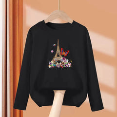 Paris Butterfly Eiffel Tower Long-Sleeve Cotton Tee for Girls