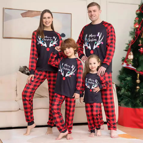 Festive Family Pyjama Set - Red Antler Top & Plaid Pants