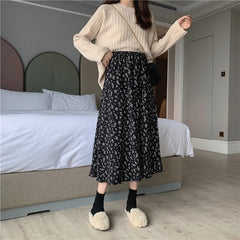 Women's Vintage Floral Midi Skirt – High Waist A-Line Pleated Skirt