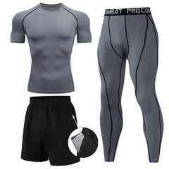 Men’s 3-Piece Compression Workout Set – Short Sleeve Top, Leggings & Shorts