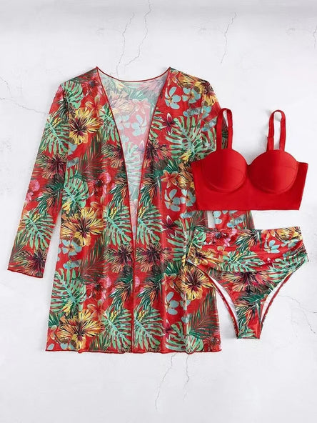Tropical Glam 3-Piece Bikini Set – Push-Up Swimsuit with Long Sleeve Cover-Up