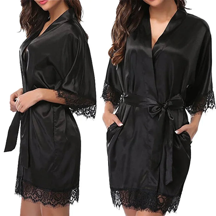 Silky Lace Trim Nightgown Robe, black