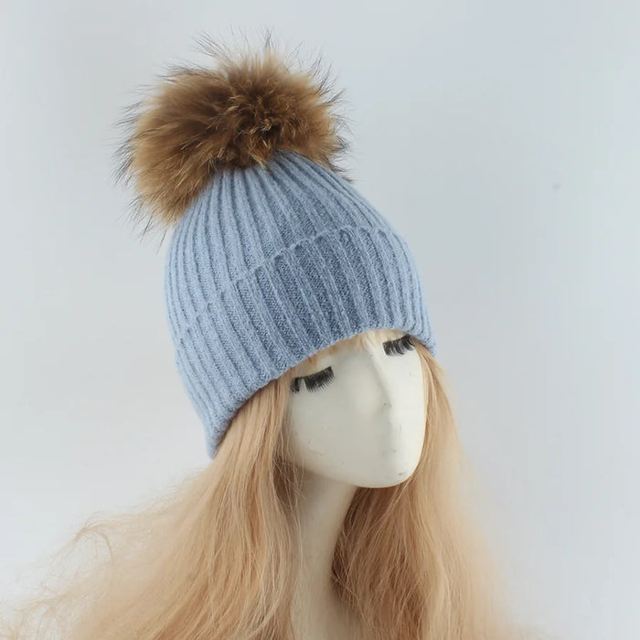 Women's ribbed beanie with faux fur pom-pom, Sky Blue