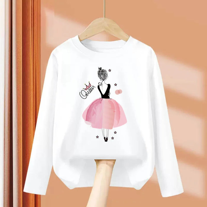 Girls’ Long-Sleeve Cotton T-Shirt, Fun Printed Spring Top, Girl-White