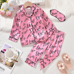 Girls’ Heart Print Pyjama Set – Long Sleeve Button-Up Sleepwear with Eye Mask