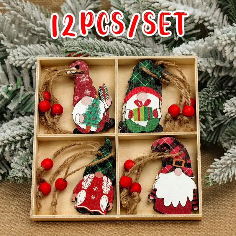 Wooden Christmas Gnome and Santa Decorations, Box of 12