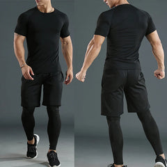 Men’s 3-Piece Compression Workout Set – Short Sleeve Top, Leggings & Shorts