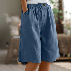 Women's Cotton Linen Capris – Loose-Fit Elastic Waist Shorts with Pockets