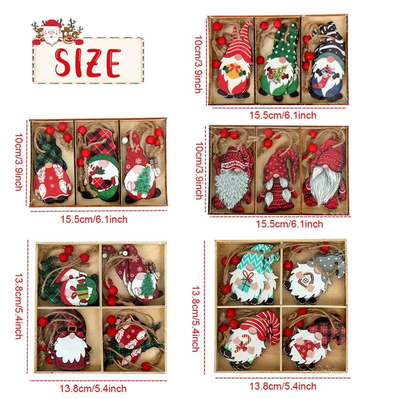 Wooden Christmas Gnome and Santa Decorations, Box of 12