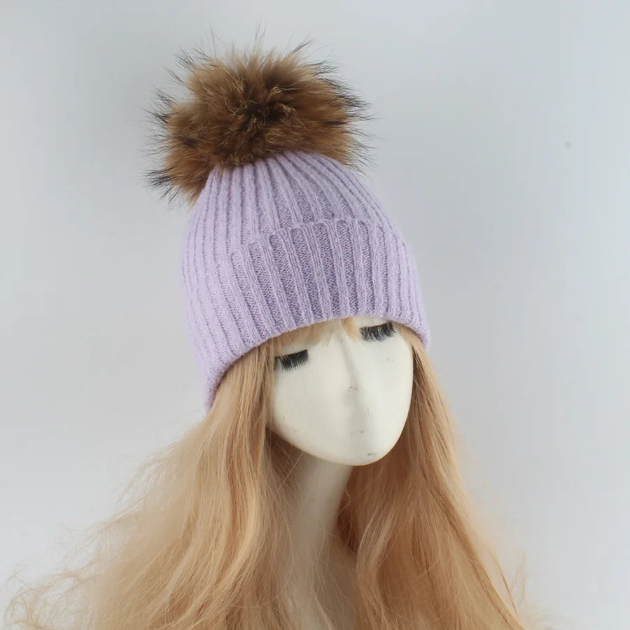 Women's Ribbed Beanie with Faux Fur Pom-Pom